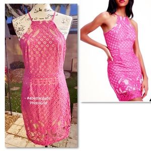 Lulu’s Lace Magenta Pink Steal a Kiss Halter Sheath Fully Lined Mini Dress MD